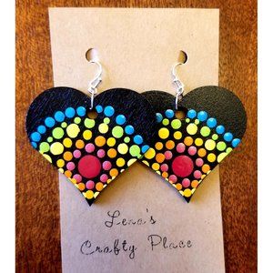 Rainbow Mandala Heart Wooden Earrings